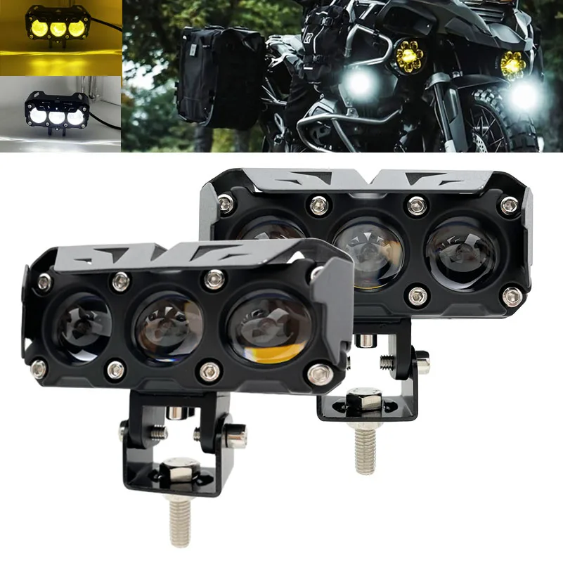 Motorcycle LED Spotlight Tri Lens Projector White Yellow Headlight Fog Light Auxiliary Lamp for Trucks SUVs UTVs Car 12V 24V