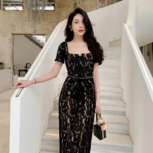 Summer New Black Lace Sexy Dress Square Collar Long Dress Elegant Women's Dresses