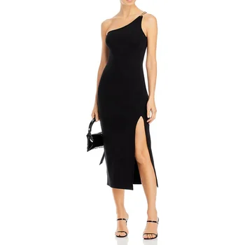 Fashion Style 100% Silk Dress One Shoulder Chain Strap Midi Dress Long Black Elegant Pure Silk Dresses