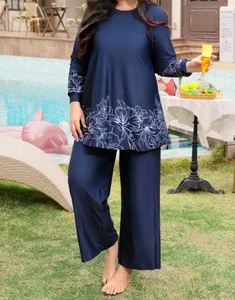 Modest Muslim Women's Burkini Swimwear Full Coverage Islamic Beachwear 2 Piece Set Breathable Print Front Logo