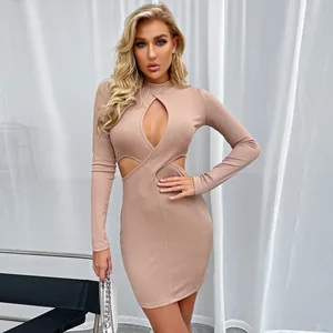Wholesale Women's Clothing Autumn and Winter Women's Dresses Commuting Sexy Hollow-out Long-sleeved Women's Sexy Dresses