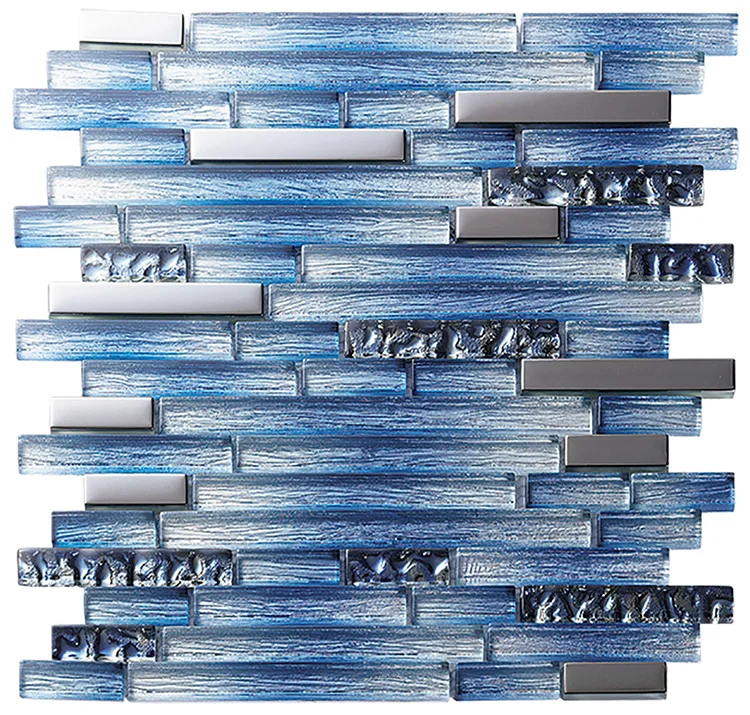 Good quality tile swimming pool tiles cheap price blue stripes glass leaves mosaic art