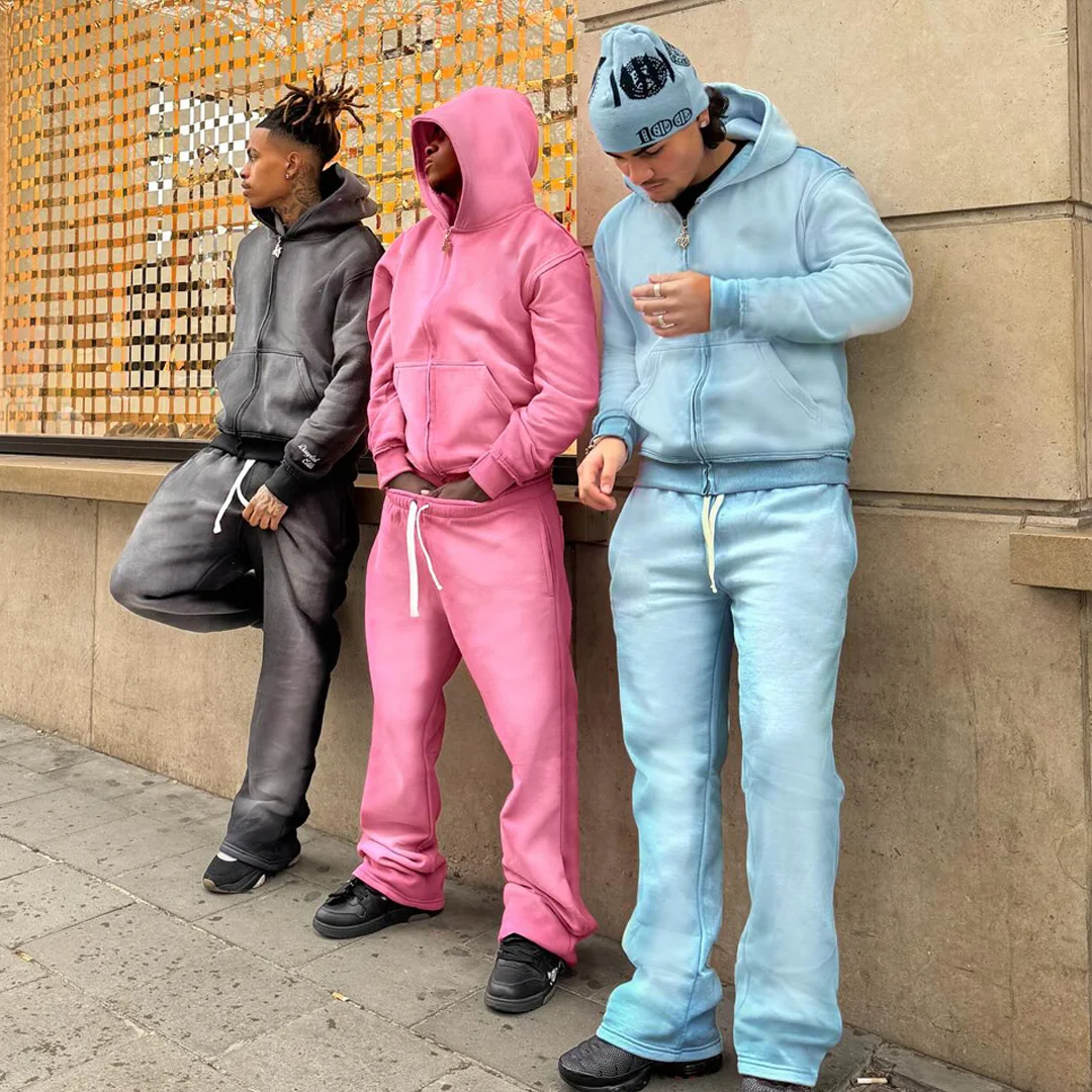 product vintage acid wash hip hop 2 piece tracksuit small batch custom wholesale unisex basic solid color loose hoodie  jogger pants-2