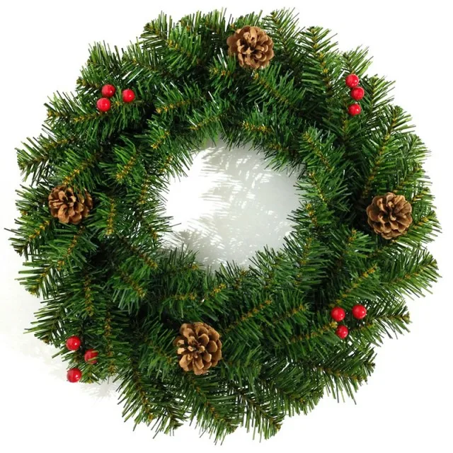 New Natural Style 40cm PVC+PE+Pine Needle Mixed Christmas Wreath Red Berry Pine Cone for Home Party Decorations Xmas Festive