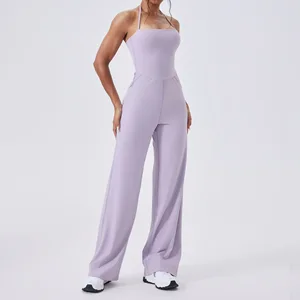 2026 New Sportswear Women's Halter Neck Flare Romper Sexy One Piece Sports Bodysuit Yoga Outfits Jumpsuits
