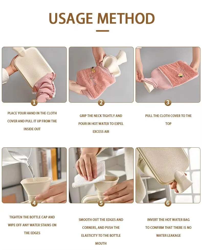 product fashion large capacity leak proof refillable hot water bag with detachable pom pom decor fur cover for hands and body warmth-1
