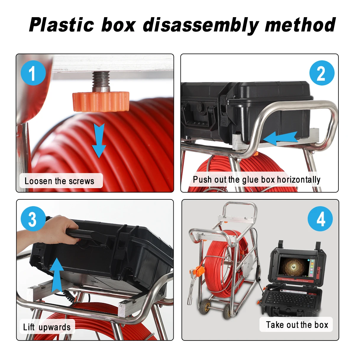 Sewer Camera Self-leveling&512HZ Sonde/Transmission 7MM 100M Red Cable Sewer Camera 16GB Card Video& Audio Recording