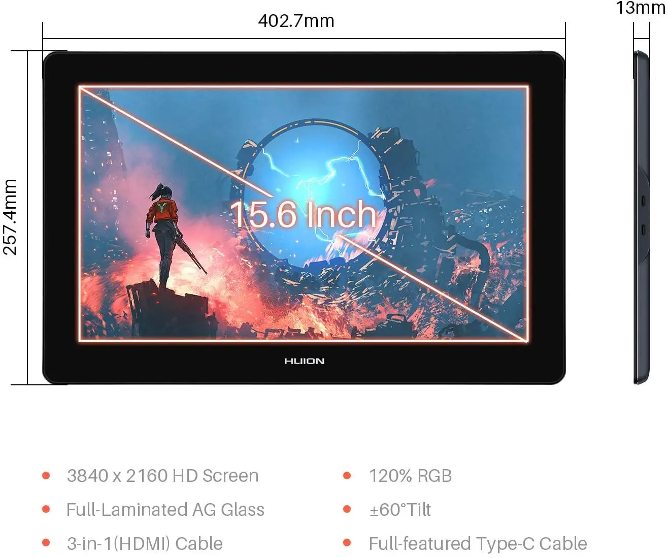 HUION Kamvas Pro 16 4K Digital Drawing Tablet - Battery Free Pen