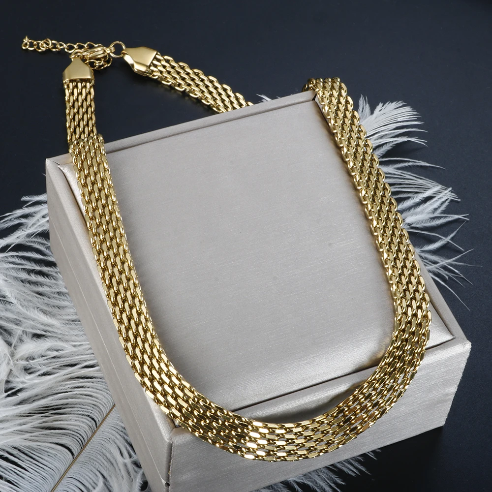 INS Retro 18k Gold Plated Stainless Steel Jewelry Minimalist Charm Mesh Belt Chain Wide Choker Necklace Bracelet for Women