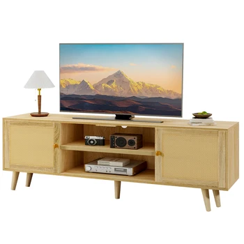 Nordic Rattan With Hotel Villa TV Cabinet Furniture Natural Wooden Durable Living Room TV Stand With Storage Drawer