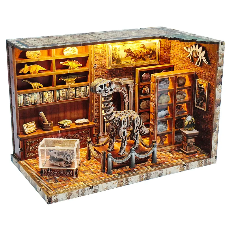 CE Certified Dinosaur Fossils Wooden Doll House, 3D Puzzle Book Nook Eco-Friendly Educational Toy