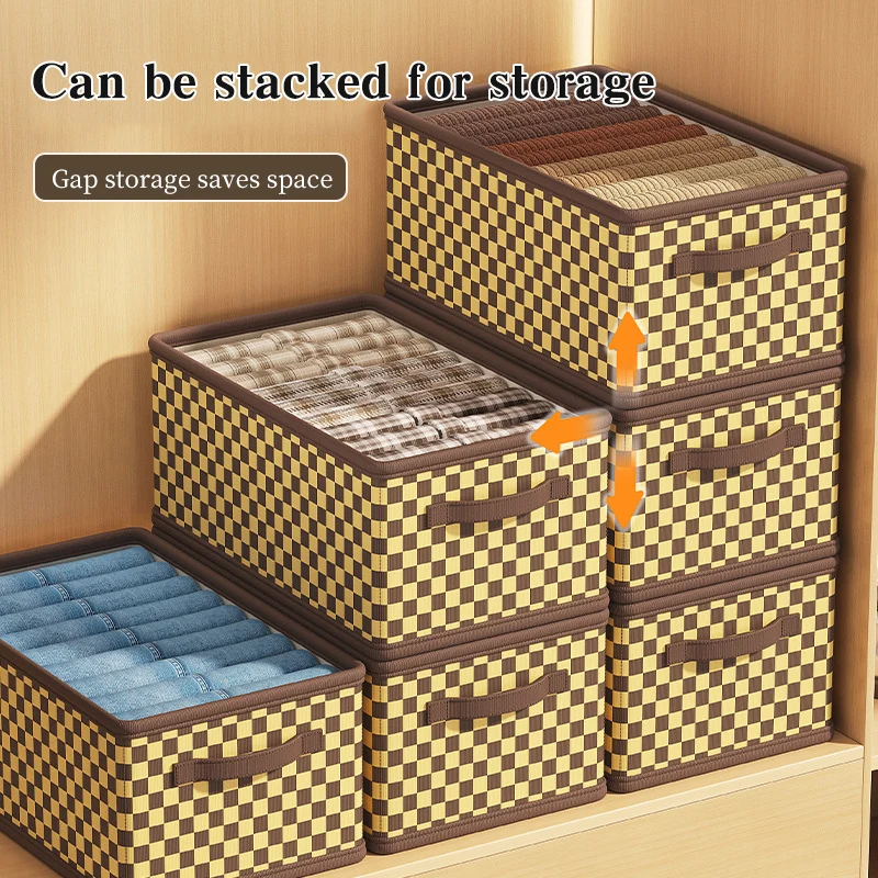 Checkered Thickened Storage Basket with Handles Collapsible Storage Box for Clothes Foldable Organizers Closet Accessories