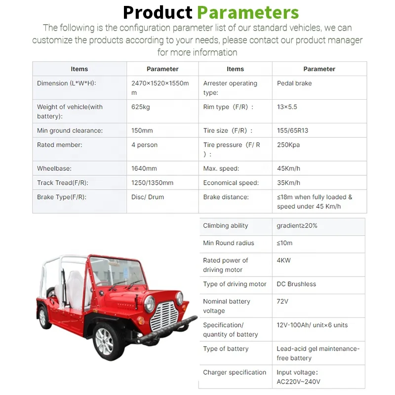 Classic Off-Road Tire Electric Mini Moke for Car Beach & Sightseeing Vehicle 96V 10KW 4 Passengers Customized Color