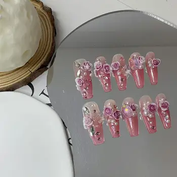 Popular Beautiful Luxury False Nails Pink Rose Girly Pretty Nail Art