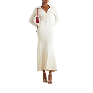 Knitwear Manufacturer Custom Spring Autumn White Polo Neck Long Sleeve Rib Knit Women Sweater Maxi Dress