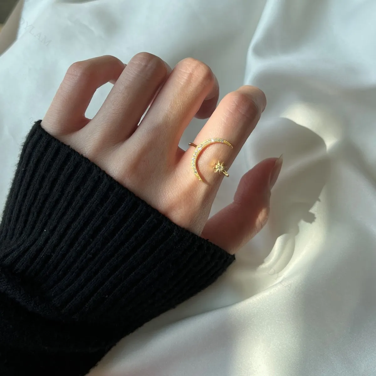 KAKODIY Fashion Design 925 Sterling Silver Jewelry Gold Plated Moon Star Ring Open Adjustable Thin Ring detail 8