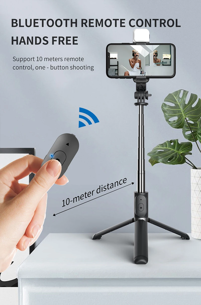 Wireless Blutooth Selfie Stick Foldable Mini Tripod With Fill Light Remote Shutter For iOS Android