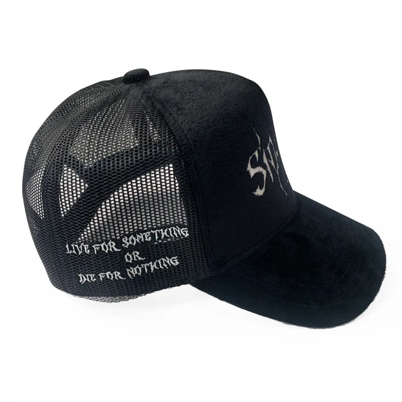 HN05 Custom Logo Embroidered Mesh Netted 5 Panel Fuzzy Blank Velvet Snapback Suede Baseball Hats Dad Velour Trucker Cap_voghion.com