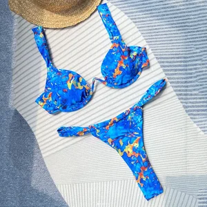 Customized Plaid Digital Printed Half Underwire 2 Bikini Set High Quality Fashionable Silky Comfortable V-Strings Spandex/Nylon