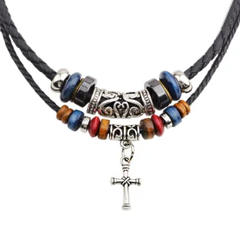 Fashion New Vikings Alloy Cross Beaded Necklace Charm Braided Leather Rope Retro Wooden Beads Men's Choker Pendant Necklaces