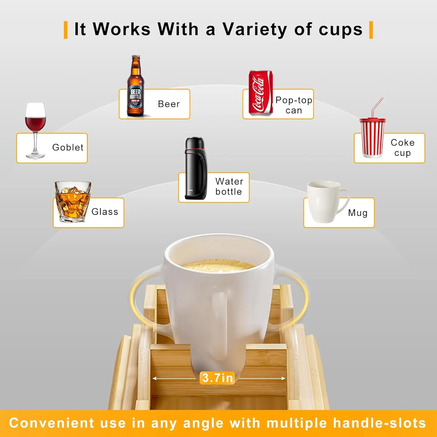 Bamboo Sofa Armrest Tray with Removable Sofa Cup Holder Part Non-slip Foldable Sofa Table Tray