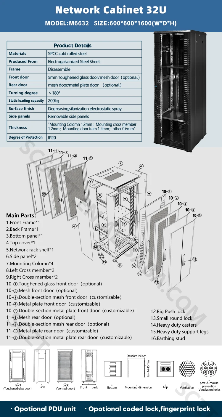 OEM/ODM 32U600*600*1600 19-Inch Steel Data Center Rack 37u/42u Indoor ...