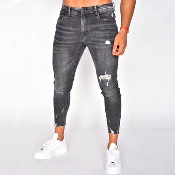 Fashion Comfortable Men's Jeans Gray Destroyed Elastic Skinny Denim Trousers for Men