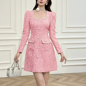ZYHT 21886 Pink Dress with Pearl-Trimmed Square Neck & Puff Long Sleeves  & Decorative Pockets Girls Dresses