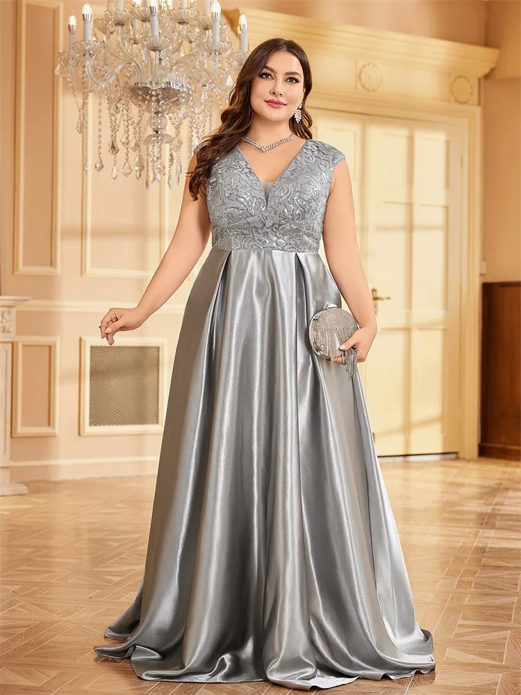 Hot-Selling New Plus Size Fat Woman Outfit Sleeveless V Neck Elegant Satin Lace Banquet Evening Dress Hot-Selling New Plus Size Fat Woman Outfit Sleeveless V Neck Elegant Satin Lace Banquet Evening Dress