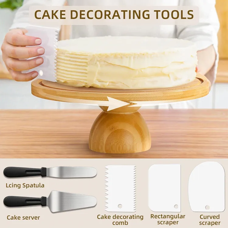 New Design Dessert Table Cupcake Plate Display Server Tray Rotating Bamboo Cake Stand With Acrylic Lid  for Events