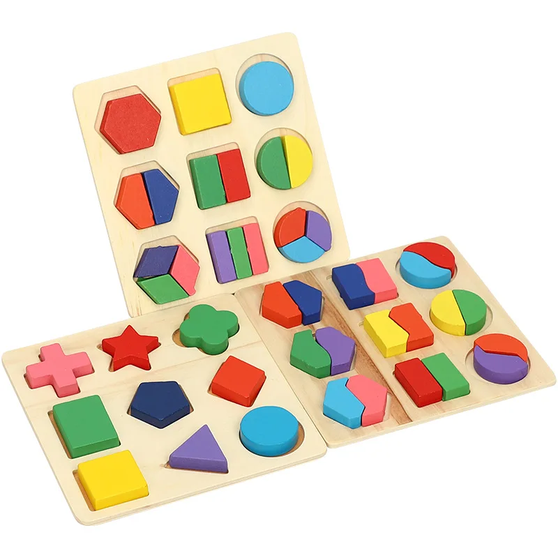 Wooden Geometric Shapes Montessori Puzzle Educational Math Bricks Toy for Baby 