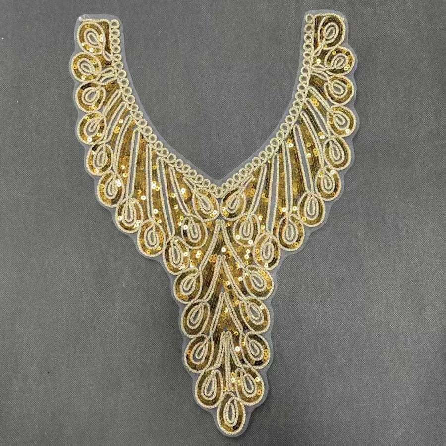 ZSY Embroidery Polyester Lace Collar Neck with Golden Powder Beads