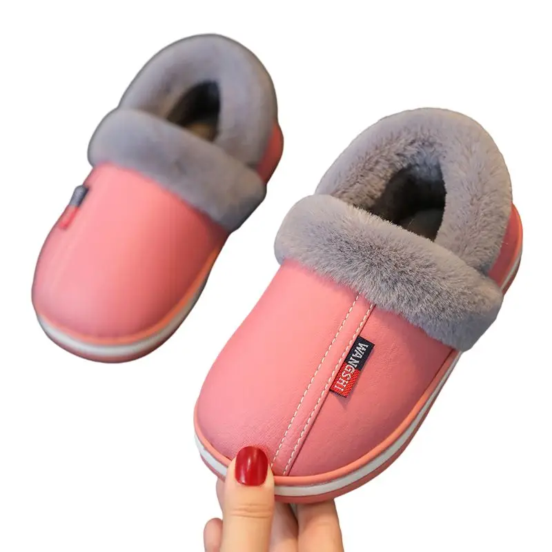 Симпатичные водонепроницаемые тапочки из искусственной кожи с мультипликационным рисунком, зимние детские тапочки на каблуке, хлопковые тапочки для маленьких мальчиков и девочек, теплая Нескользящая домашняя Уличная обувь