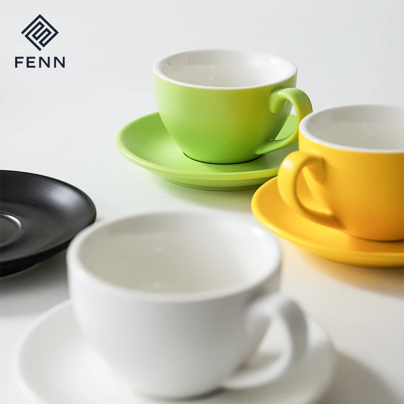 FENN exquisite glossy colorful cheap tea coffee cups and saucers / ceramic cup and saucer set for coffee shop