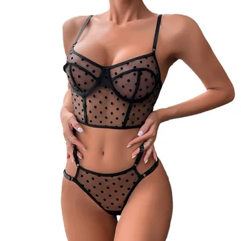 Hot selling Polka Dot See-Through Sexy Lingerie Sets With Steel Ring Elastic Back Hollow Out Two-Piece Corset De Mujer