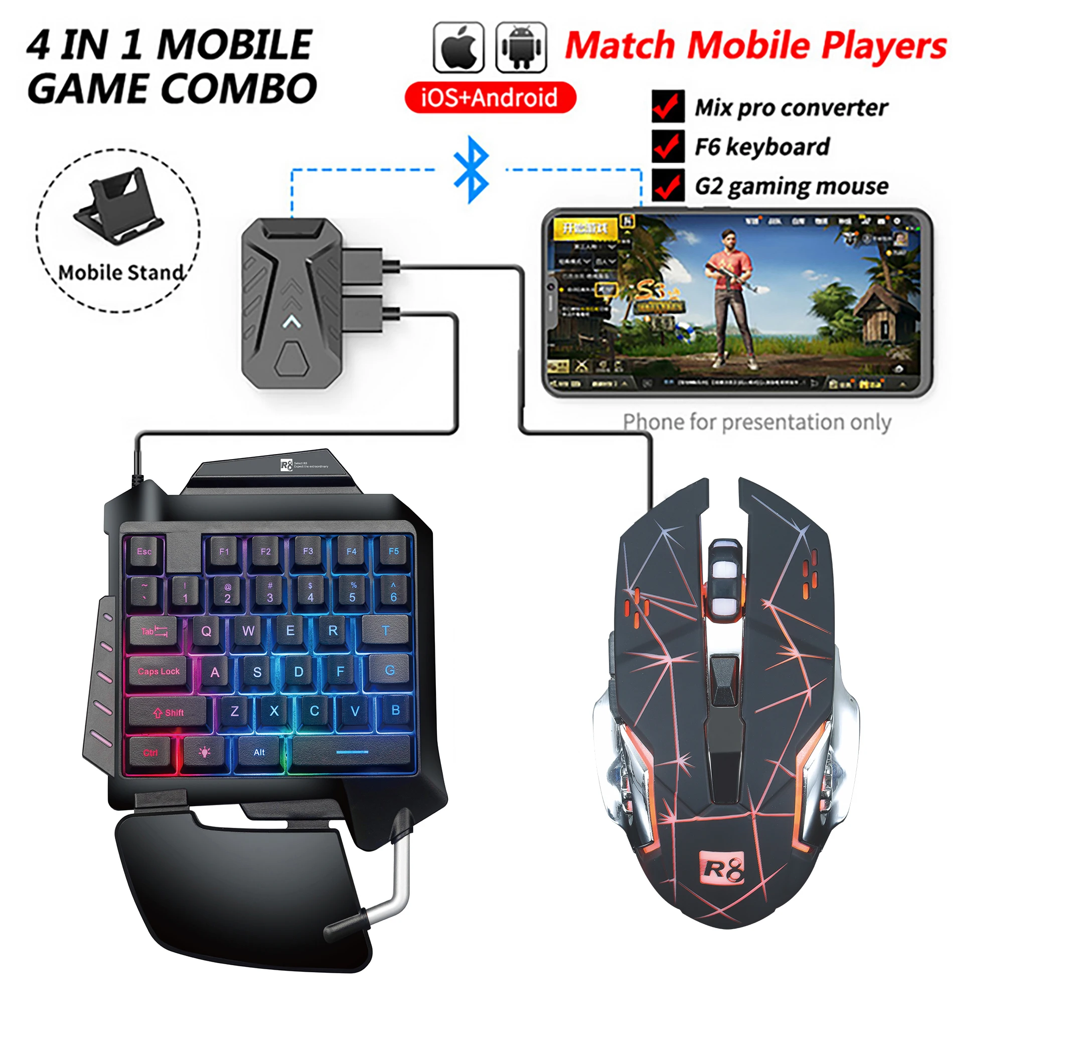 4 in 1 Wired Mobile One Hand Keyboard and Mouse Gaming Combo