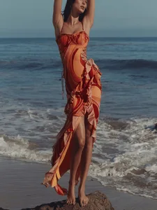 STOCK Print Women Beach Dress Ruffle Details Slim Fit Maxi Dress Slit Holiday Vestidos S-XL