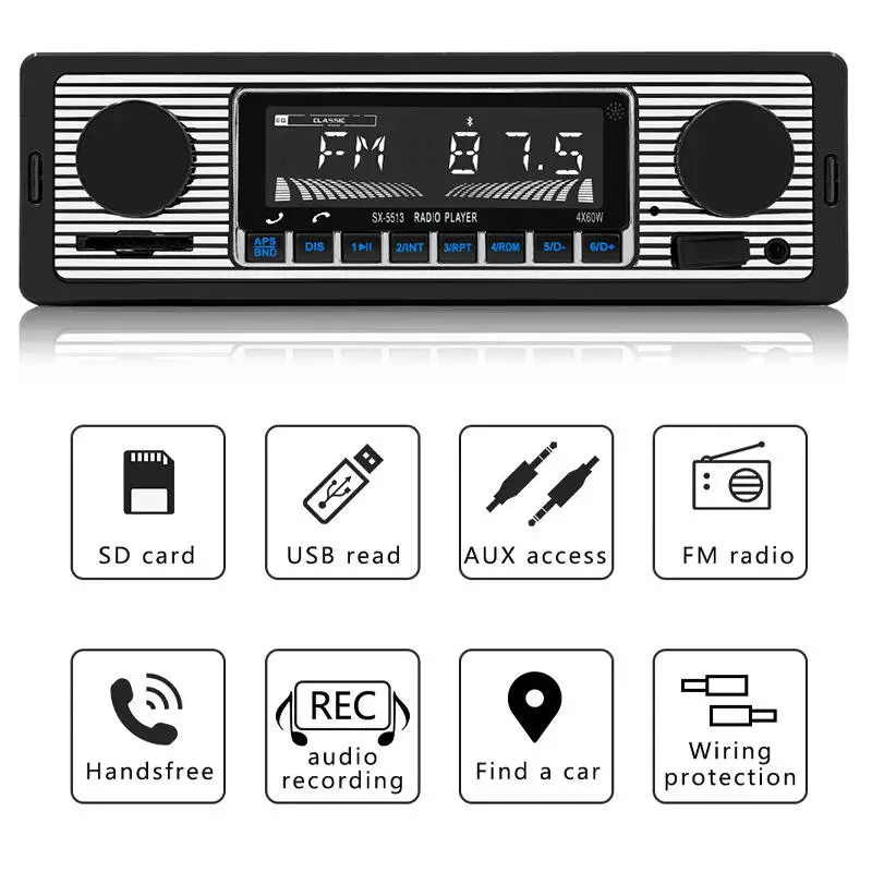1 Din Plastic Car MP3 Radio with BT Handsfree FM/SD Power Protection AUX USB Multimedia Player WAV Audio Format Voice Broadcast