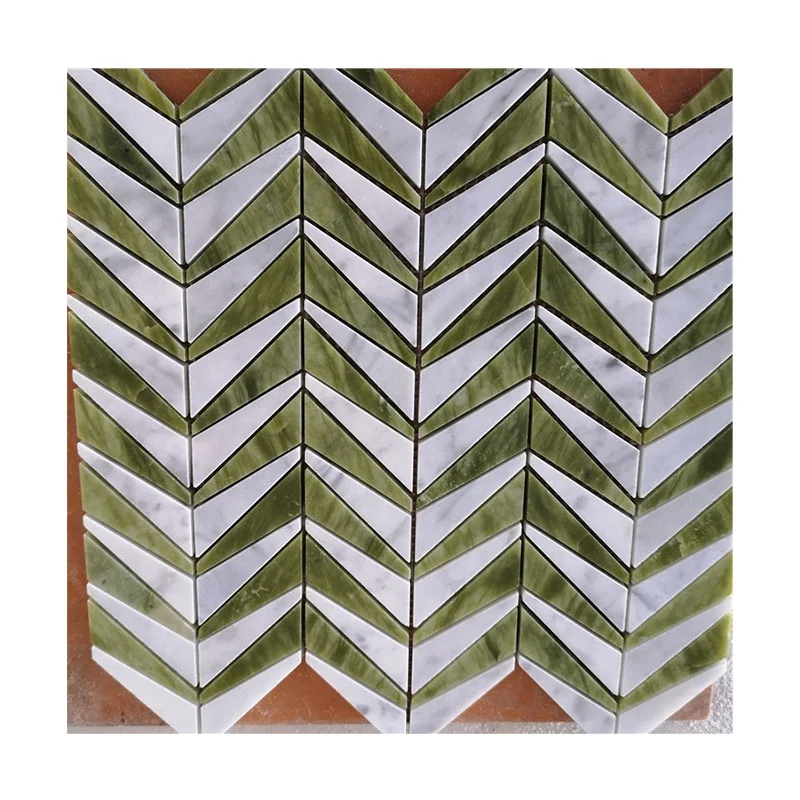 กระเบื้องโมเสกหินอ่อนสีเขียวที่ทันสมัยผิวด้าน มีลักษณะพาร์เกต์ สำหรับตกแต่งผนังภายในวิลล่าและห้องน้ำ