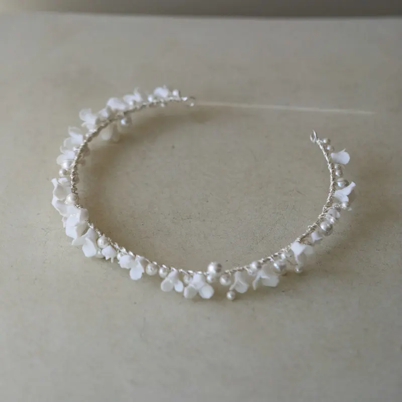 Ободок для волос ручной работы белый керамический цветок высокого качества жемчужная Корона свадебная тиара аксессуары бижутерия