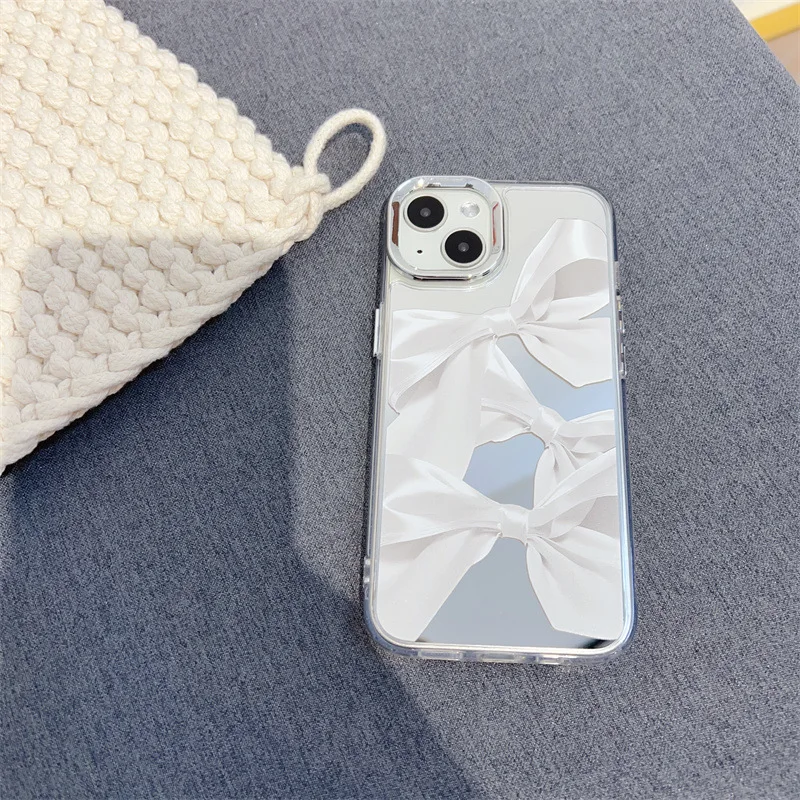 Luxury Case for iPhone 16 pro max Pearl Bow Plating Makeup Mirror Acrylic Design Fashion for Girls Women Cute details