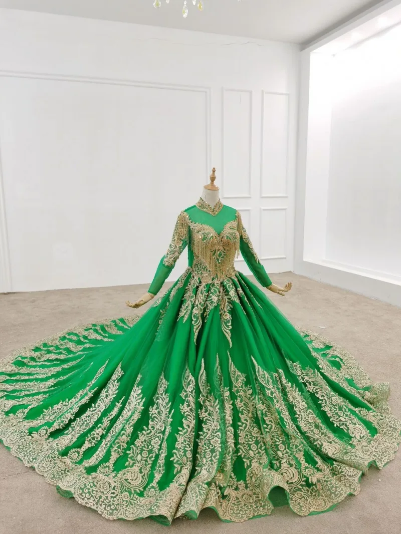 green emerald velvet dress Sparkling emerald green crystals beaded ball gown long sleeves lace we –  Anna's Couture Dresses main image 0