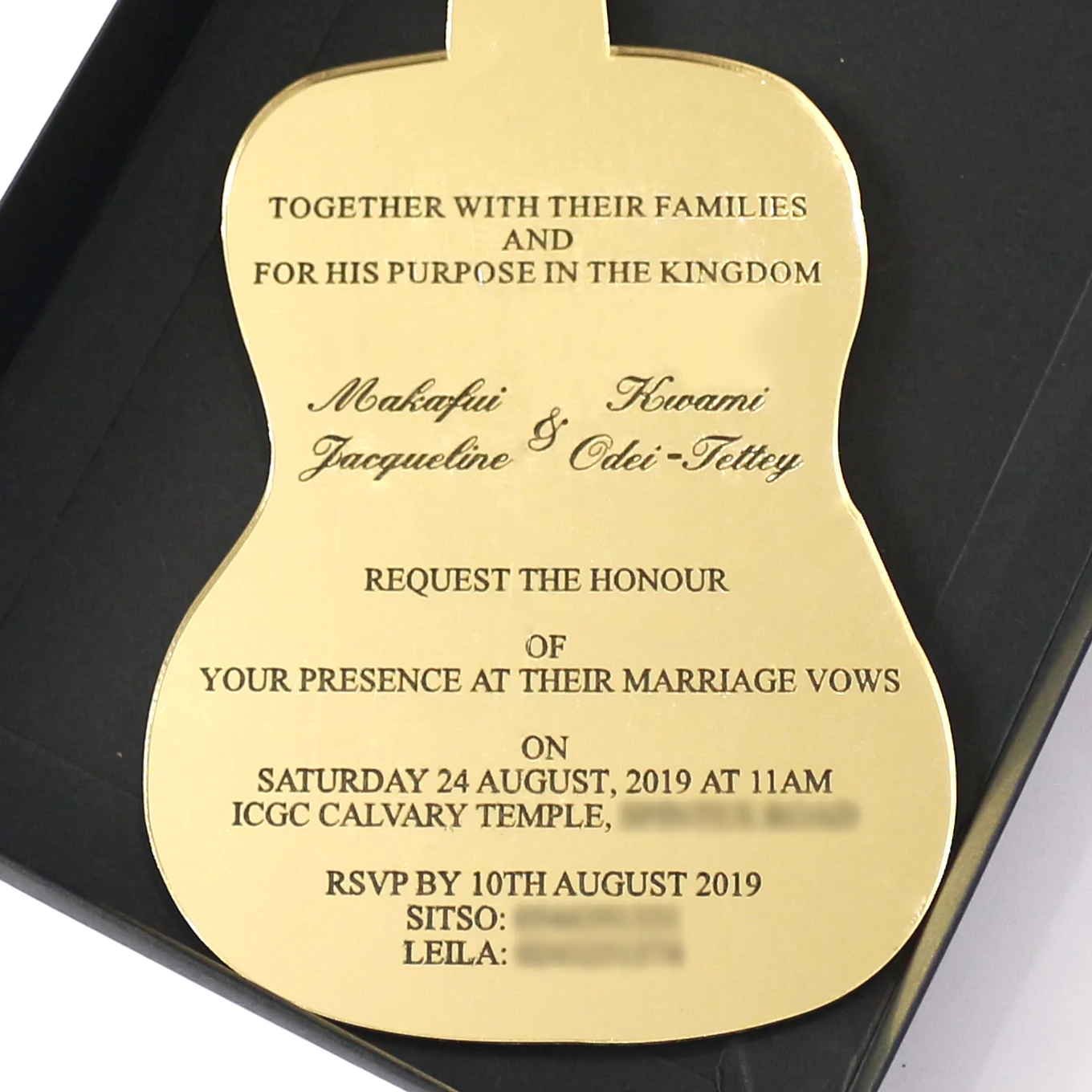 Music-Themed Guitar Shape Gold Mirror Acrylic Wedding Invitation with Black Box