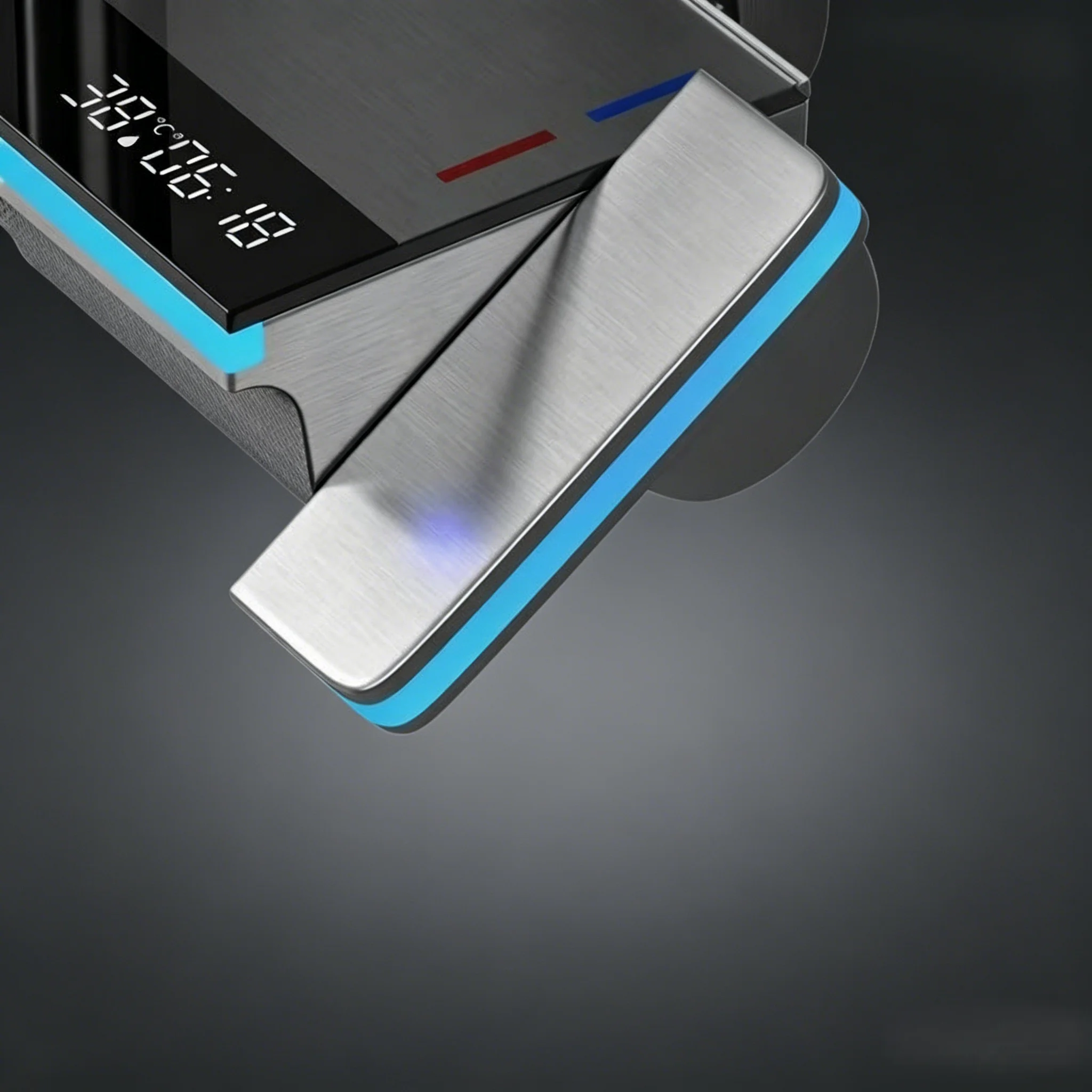 Detailed view of hot cold water mixer controls and aluminum finish