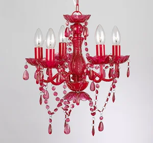 Small Candle Style Traditional Pendant Lamps Cheap 5 Arm Lighting Classic Home Decor Acrylic Pink Crystal Bedroom Chandelier