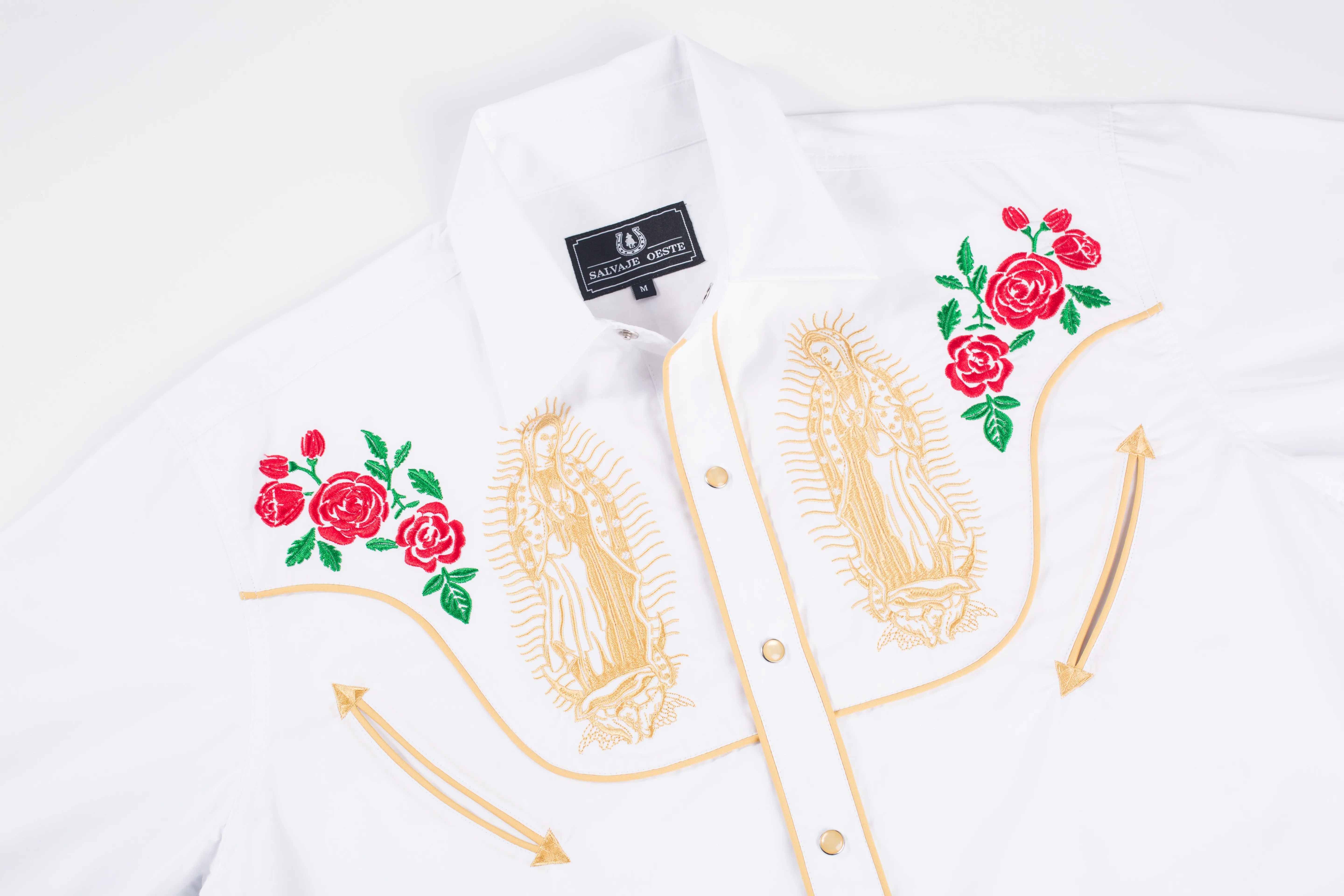 Herren-Langarmhemd mit Druckknopfverschluss „Lady of Guadalupe“-Stickerei im Westernstil908_voghion.com