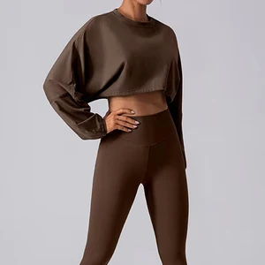 Custom Logo Crop Top Women Batwing Sleeve Anti Windproof Cross Border Wholesale Gym Sportswear Long Sleeve Yoga Top