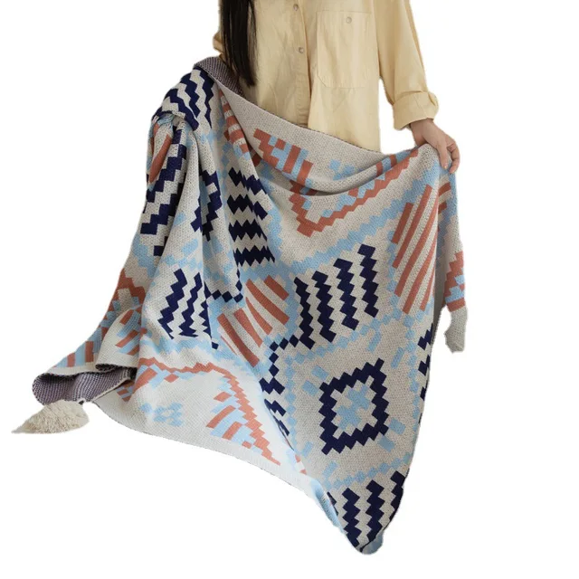 Manufacturer Tassels Bohemian Geometric Pattern Acrylic Sofa Throw Knitted Miraculous Blanket