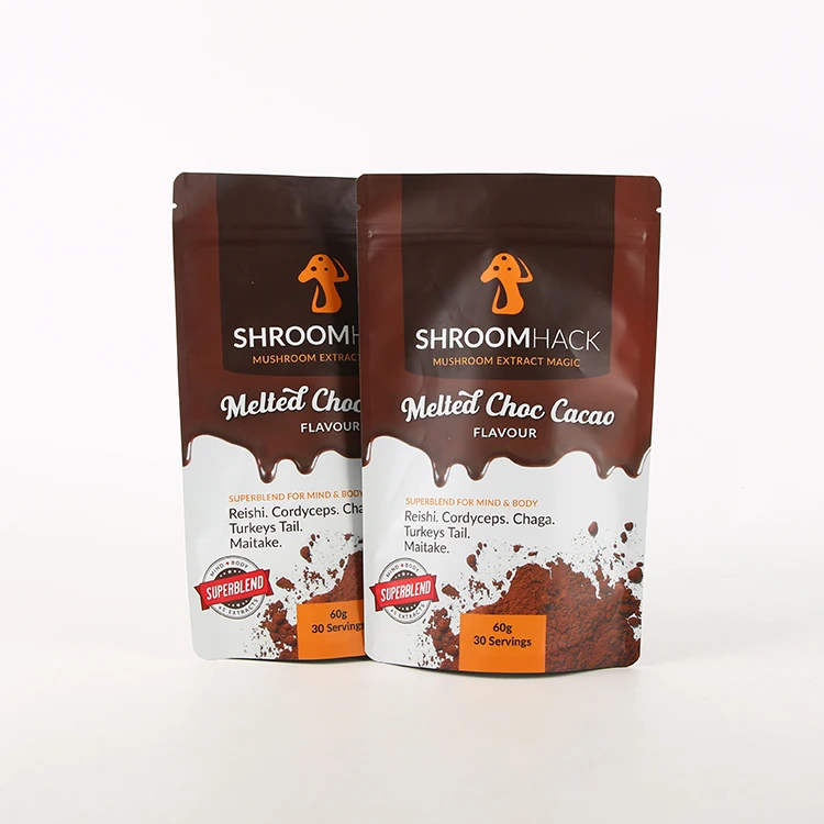 Custom Printed Cacao Cocoa Coffee Powder Plastic Packaging Aluminum Foil Bags Resealable Matte Black Stand up Pouch With Zipper