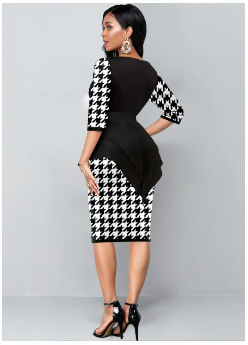 Office Winter Houndstooth Print Black Faux Two Piece Dress - Buy Two ...